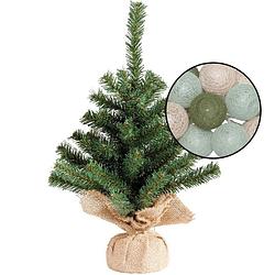Foto van Mini kunst kerstboom groen met verlichting - in jute zak - h45 cm - kleur mix groen - kunstkerstboom