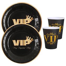 Foto van Vip feest wegwerp servies set - 10x bordjes / 10x bekers - zwart/goud - feestpakketten