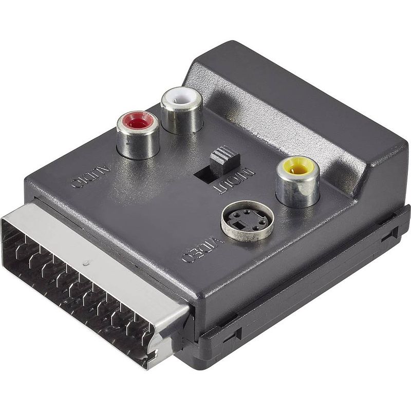 Foto van Speaka professional sp-1300864 scart / cinch / s-video y-adapter [1x scart-stekker - 3x cinch-koppeling, scart-bus, s-video bus] zwart met omschakelaar